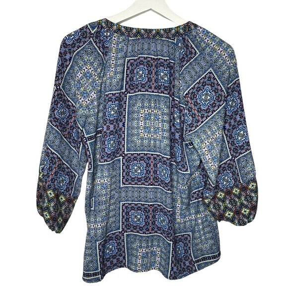 New Directions Blue Patchwork Boho Peasant Blouse 3/4 Sleeve Small - Picture 2 of 7